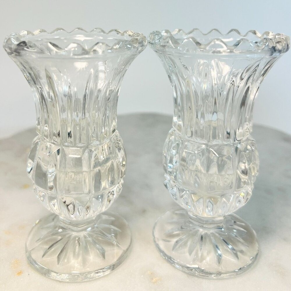 Vtg Clear Crystal Bud Vases Candle Holders Set of 2 Pattern Tealight Votive Gift